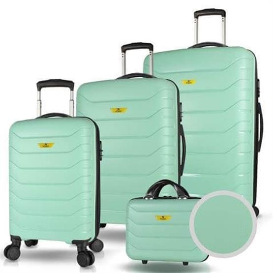 Solid PP Polipropilen Kırılmaz Kabin Orta Büyük ve Makyaj Boy Mint Yeşili 4lü Travel Valiz Seti