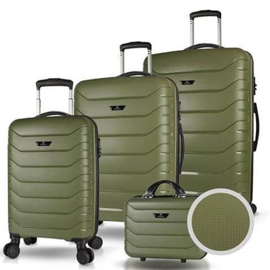 Solid PP Polipropilen Kırılmaz Kabin Orta Büyük ve Makyaj Boy Haki 4lü Travel Valiz Seti