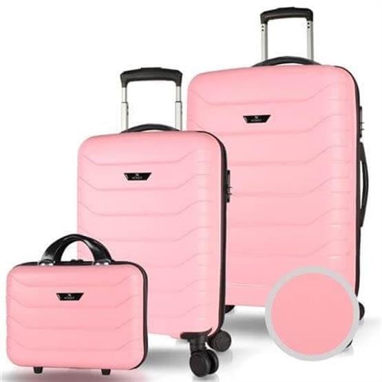 My Valice Solid PP Polipropilen Kırılmaz Makyaj Kabin ve Orta Boy Toz Pembe 3lü Valiz Seti