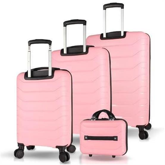 Solid PP Polipropilen Kırılmaz Kabin Orta Büyük ve Makyaj Boy Toz Pembe 4lü Travel Valiz Seti