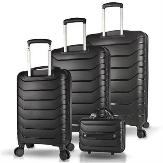 Solid PP Polipropilen Kırılmaz Kabin Orta Büyük ve Makyaj Boy Siyah 4lü Travel Valiz Seti