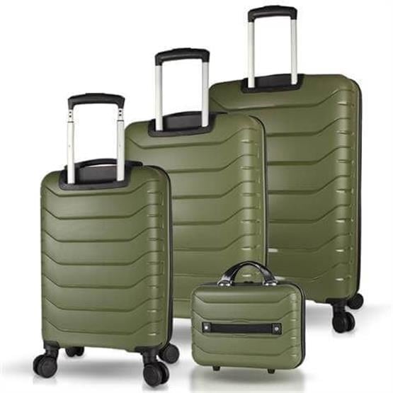 Solid PP Polipropilen Kırılmaz Kabin Orta Büyük ve Makyaj Boy Haki 4lü Travel Valiz Seti