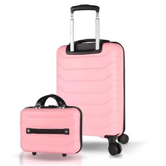 Solid PP Polipropilen Kırılmaz Makyaj ve Kabin Boy Toz Pembe 2li Valiz Seti