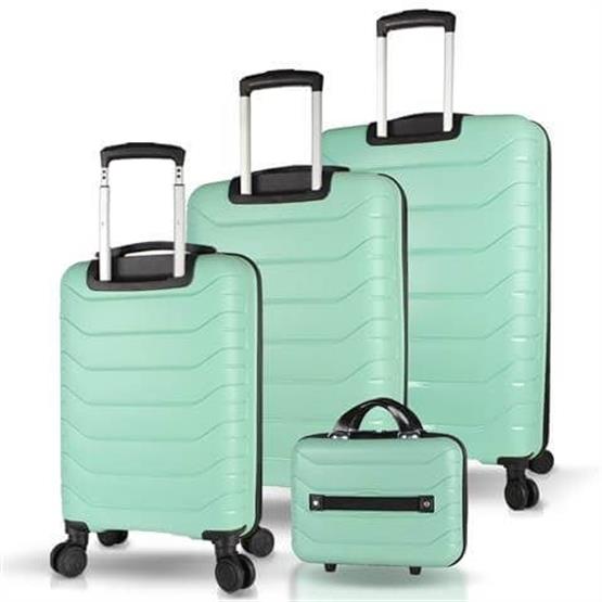 Solid PP Polipropilen Kırılmaz Kabin Orta Büyük ve Makyaj Boy Mint Yeşili 4lü Travel Valiz Seti