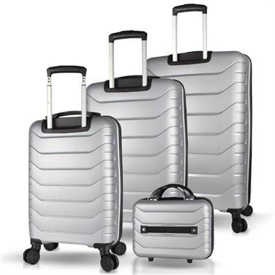 Solid PP Polipropilen Kırılmaz Kabin Orta Büyük ve Makyaj Boy Gümüş Gri 4lü Travel Valiz Seti