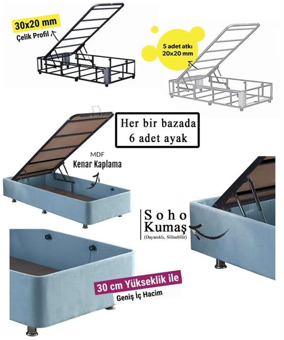 Niron Cozy 120x200 Tek Kişilik Yatak Seti - Mavi Kumaş Baza, Başlık ve Yatak Takımı