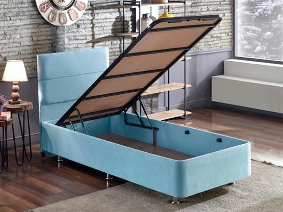 Niron Cozy Tek Kişilik Yatak Seti - Mavi Kumaş Baza, Başlık ve Yatak Takımı