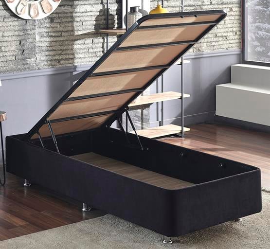 Niron Ela Baza - 90x190 cm Tek Kişilik Sandıklı Siyah Kumaş Baza Silinebilir Soho Kumaş