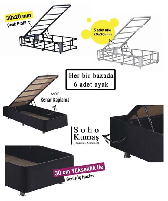 Niron Ela Baza -160x200 cm Çift Kişilik Sandıklı Siyah Kumaş Baza Silinebilir Soho Kumaş