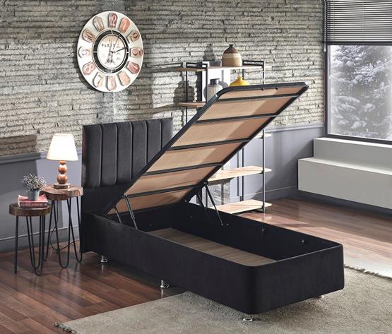 Niron Juliette 80x180 cm Tek Kişilik Yatak Baza Başlık Takımı - Siyah Kumaş Lüks Yatak Seti