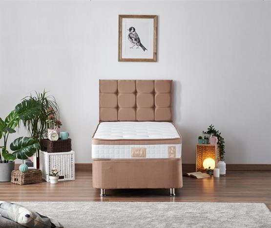 Niron Latte 90x190 cm Tek Kişilik Yatak Baza Başlık Seti - Sert Yatak, Kumaş Baza ve Başlık Takımı