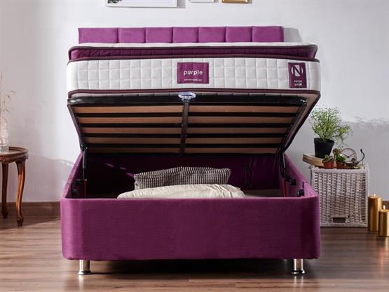 Niron Purple Yatak Seti 120x200 cm Tek Kişilik Yatak Baza Başlık Takımı - Orta Sert Yatak Mor Baza ve Başlığı