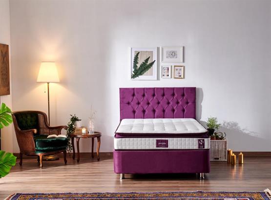 Niron Purple Yatak Seti 120x200 cm Tek Kişilik Yatak Baza Başlık Takımı - Orta Sert Yatak Mor Baza ve Başlığı