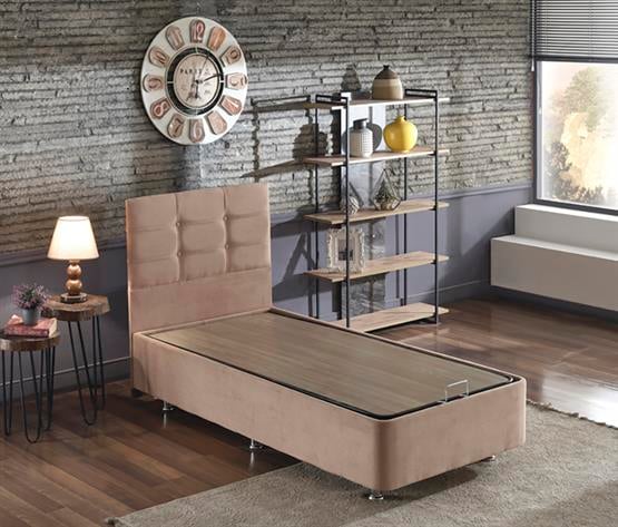 Niron Queen Tek Kişilik Pedli Yatak Seti - Sütlü Kahve Kumaş Baza, Başlık ve Yatak Takımı