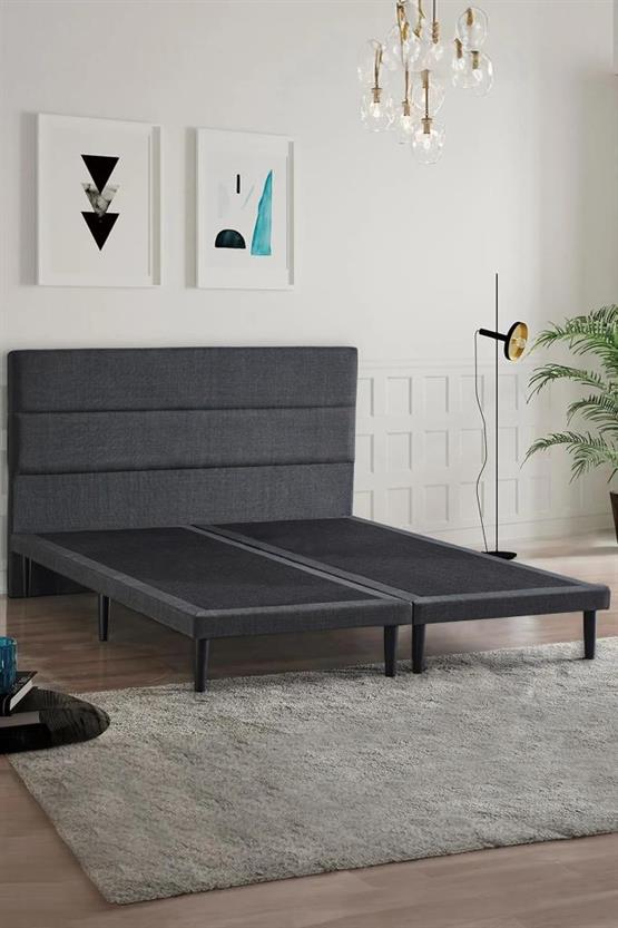 Niron Slim Baza ve Başlık Takımı 160x200 Çift Kişilik Gri Kumaş Kaplı Metal Karyola ve Başlık Seti
