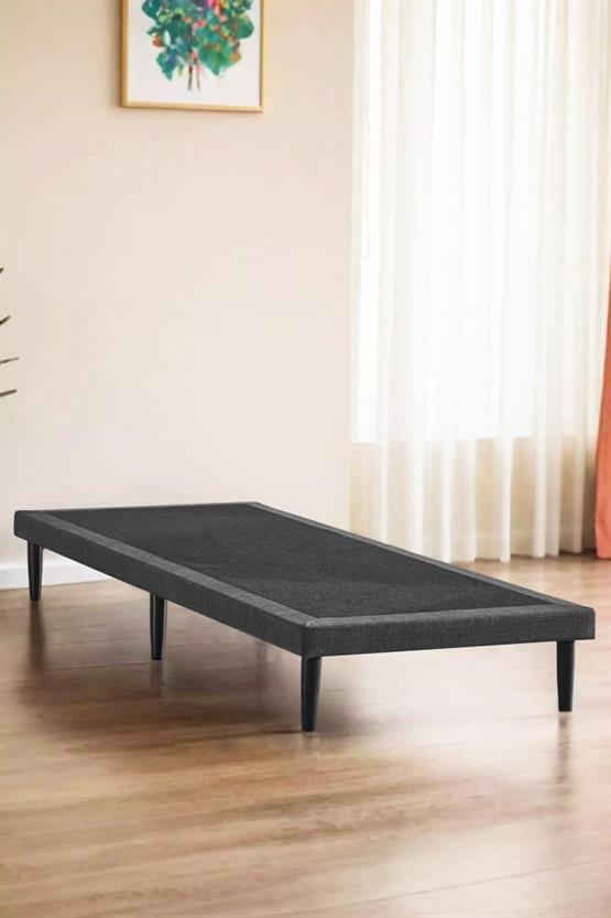 Niron Slim Karyola 100x200 Tek Kişilik Baza, Metal İskeletli Yüksek Ayaklı Koyu Gri Keten Kumaşlı