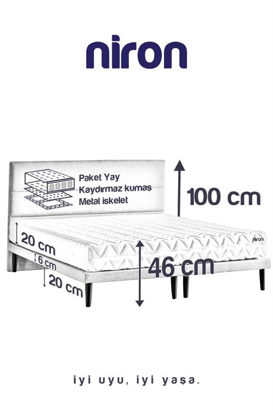 Niron Slim Pocket Yatak Seti 150x200 Çift Kişilik Paket Yaylı Yatak, Gri Metal Baza ve Başlık Takımı