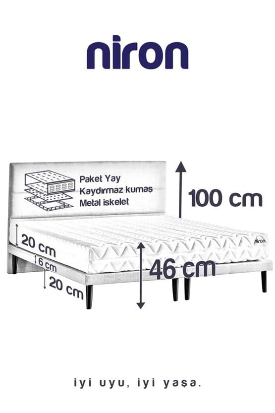 Niron Slim Pocket Yatak Seti 180x200 Çift Kişilik Paket Yaylı Yatak, Gri Metal Baza ve Başlık Takımı