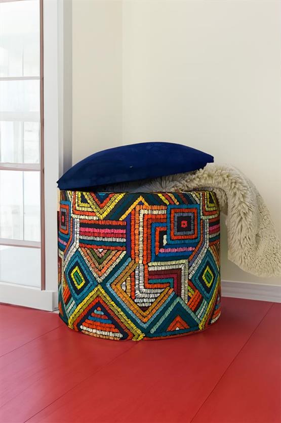 Okyanus XL Puf - El Yapımı Etnik Desenli Sandıklı Silindir Puf - Çok Amaçlı Dekoratif Bench