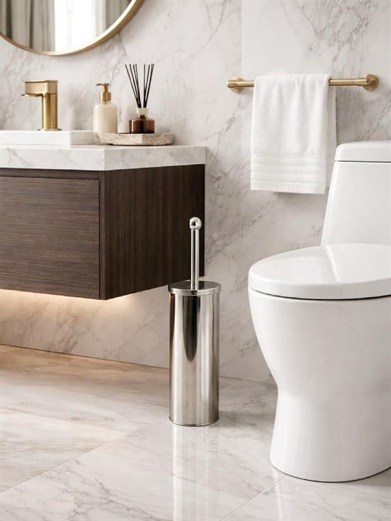 Paslanmaz Çelik Silindir Tuvalet Fırçası – Kapalı Hazneli, Modern WC Fırçası Seti VICHY-7046