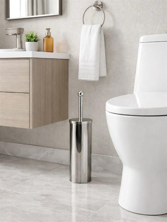 Paslanmaz Çelik Silindir Tuvalet Fırçası – Kapalı Hazneli, Modern WC Fırçası Seti VICHY-7046