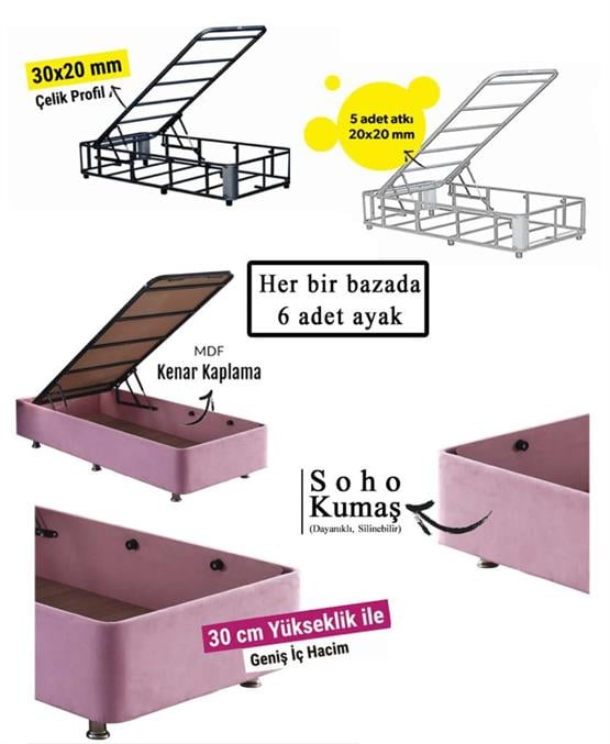 Pinky Baza ve Başlık - 120x200 cm Tek Kişilik Sandıklı Pembe Kumaş Baza ve Başlığı Silinebilir