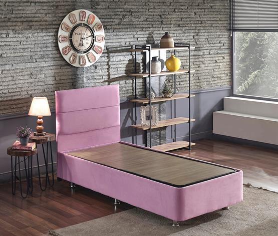 Pinky Baza ve Başlık - 90x190 cm Tek Kişilik Sandıklı Pembe Kumaş Baza ve Başlığı Silinebilir