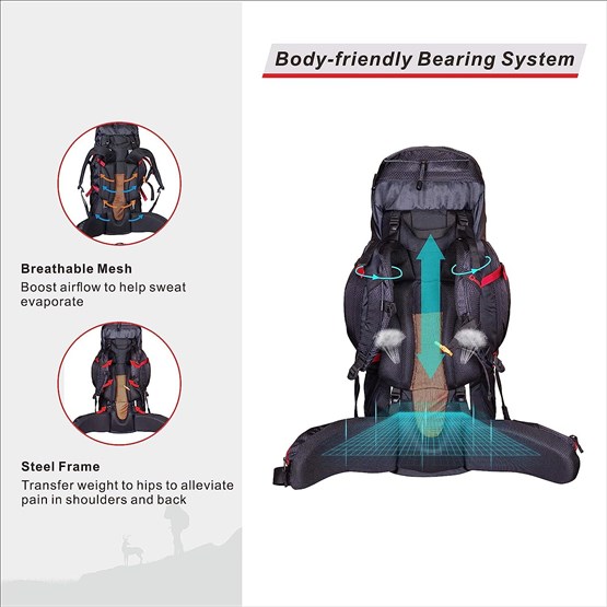 QuickUP Hiking Sırt Çantası 65 Litre-SİYAH-KIRMIZI