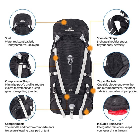 QuickUP Hiking Sırt Çantası 65 Litre-SİYAH-GRİ