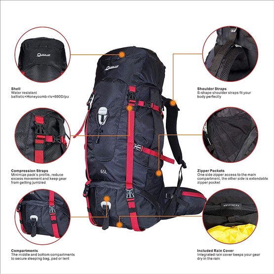 QuickUP Hiking Sırt Çantası 65 Litre-SİYAH-KIRMIZI