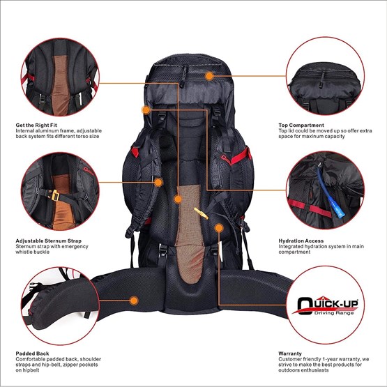 QuickUP Hiking Sırt Çantası 65 Litre-SİYAH-KIRMIZI