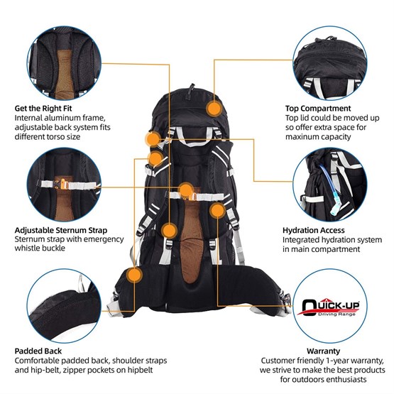 QuickUP Hiking Sırt Çantası 65 Litre-SİYAH-GRİ