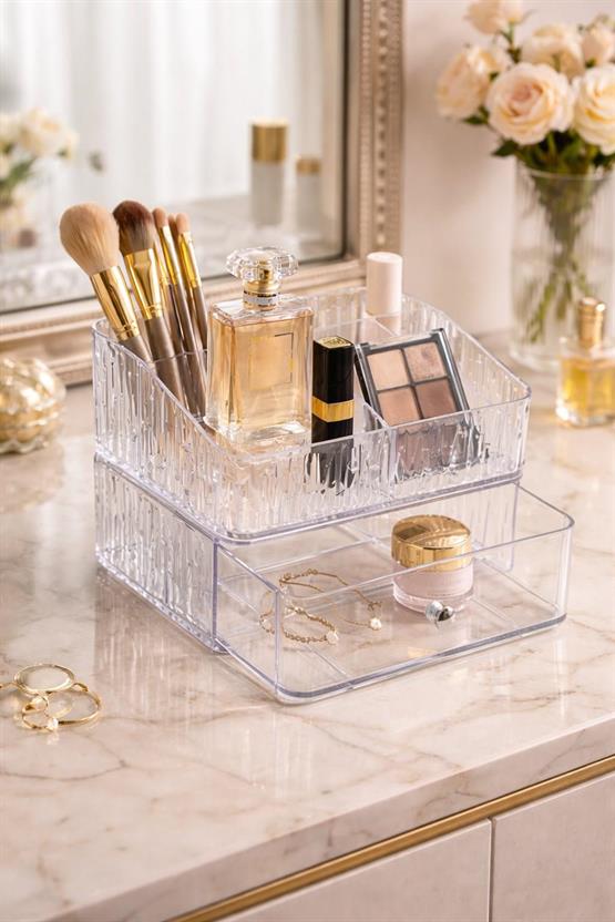 Şeffaf Çekmeceli Akrilik Makyaj Ve Takı Organizeri – 2 Katlı Çok Amaçlı Düzenleyici