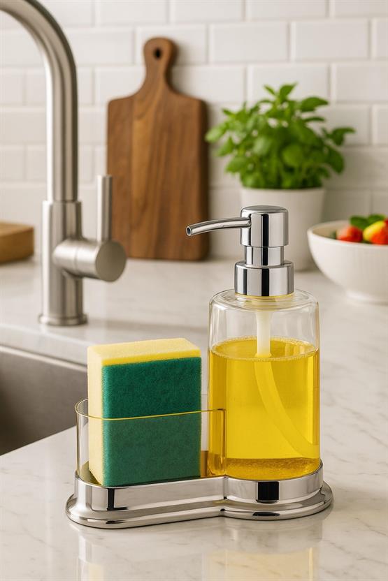 Decorev Şeffaf Sıvı Sabunluk  – Paslanmaz Krom Standlı, Mutfak Lavabosu Düzenleyici DC-6777