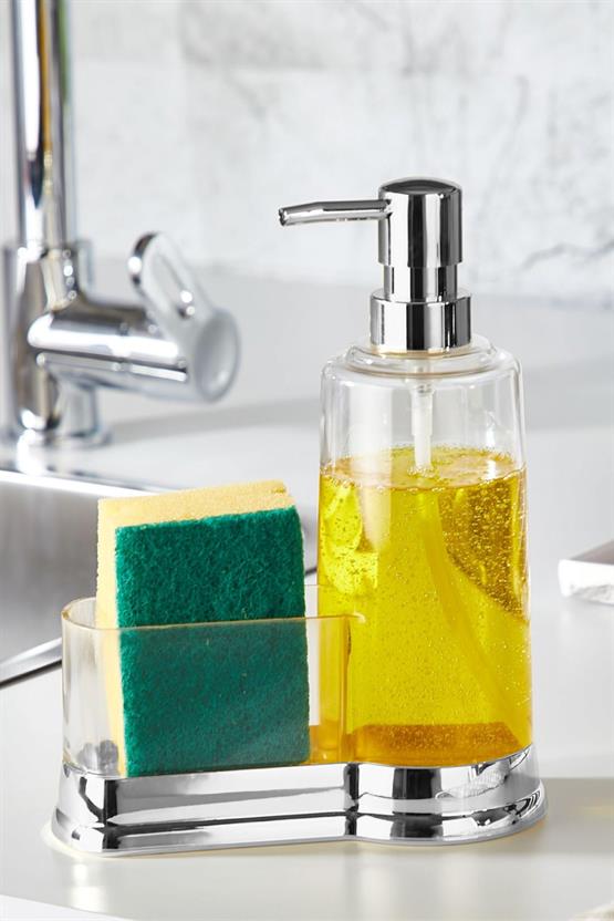 Decorev Şeffaf Sıvı Sabunluk  – Paslanmaz Krom Standlı, Mutfak Lavabosu Düzenleyici DC-6777