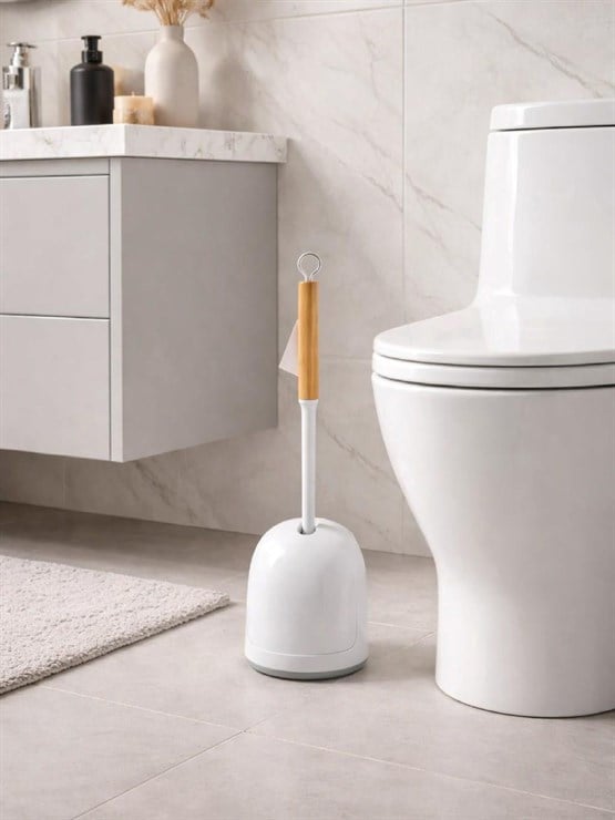 Silikon Başlıklı Ahşap Saplı Otomatik  Hazneli Tuvalet Fırçası  Modern,Şık Wc Fırçası Ve Standı