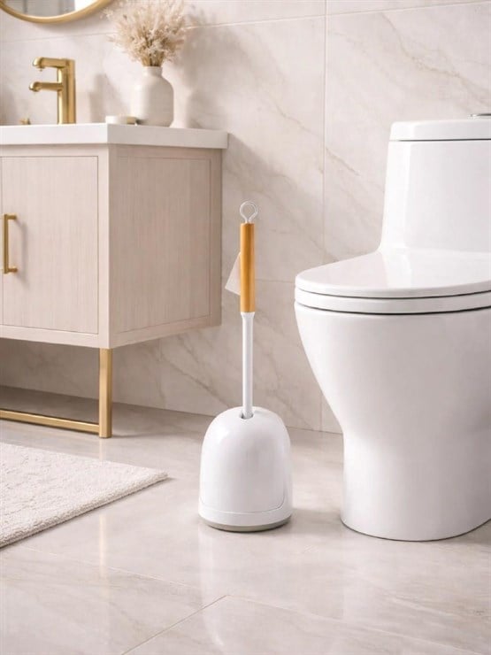 Silikon Başlıklı Ahşap Saplı Otomatik  Hazneli Tuvalet Fırçası  Modern,Şık Wc Fırçası Ve Standı