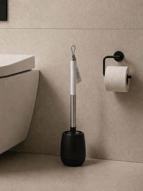 Silikon Başlıklı Siyah Paslanmaz Detaylı Tuvalet Fırçası Ve Standı Modern Şık WC Fırçası  VICHY-7051