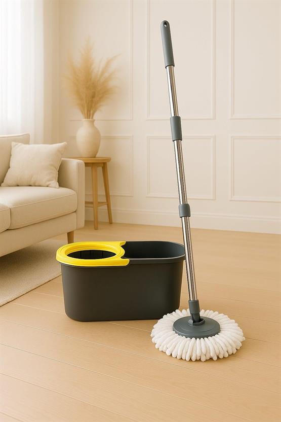 VICHY Gri-Sarı Renkli 360° Dönebilen Mop Seti – Mikrofiber Temizlik Kovası Ve Paspası VC-5024
