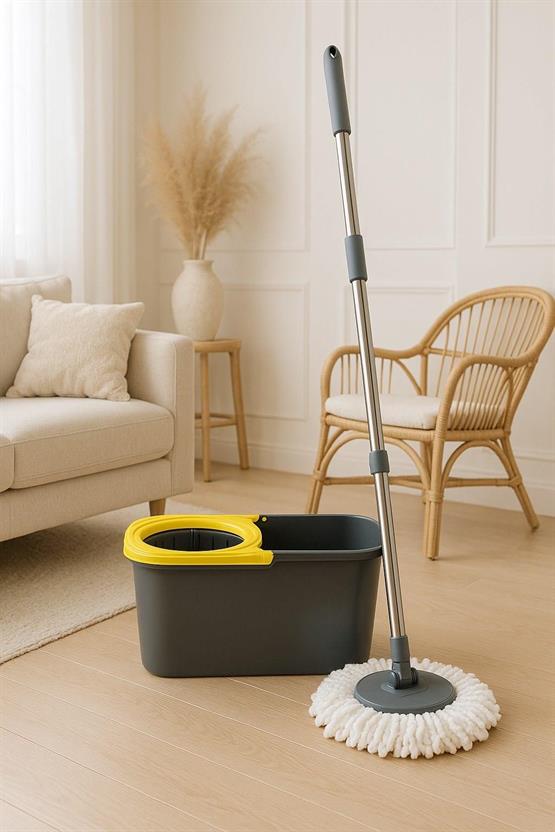 VICHY Gri-Sarı Renkli 360° Dönebilen Mop Seti – Mikrofiber Temizlik Kovası Ve Paspası VC-5024