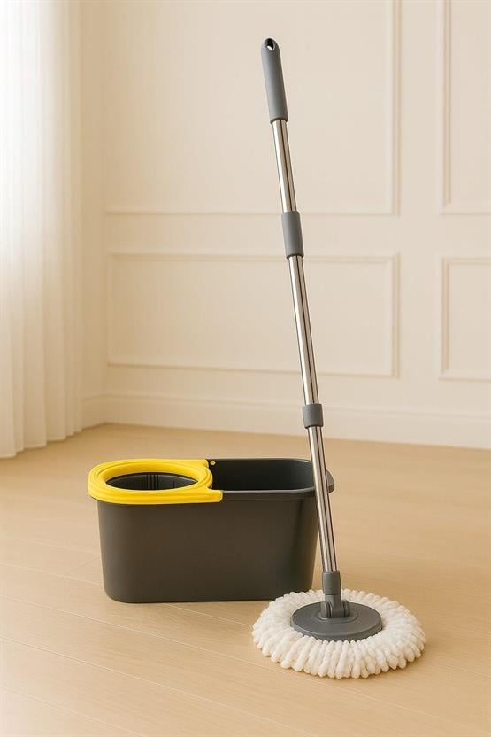 VICHY Gri-Sarı Renkli 360° Dönebilen Mop Seti – Mikrofiber Temizlik Kovası Ve Paspası VC-5024