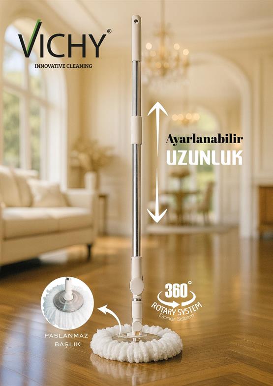 VICHY Mop Sap Seti (Ayarlanabilir Alüminyum Sap-Çelik  Mop Başlığı,Mikrofiber Bez)  3lü Set VCH-6681