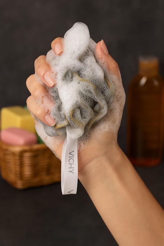 VICHY Simli Banyo Lifi Yoğun Köpük Etkili Duş ve Vücut Temizleme Lifi VCH-6575  GRİ GOLD SİMLİ 60gr