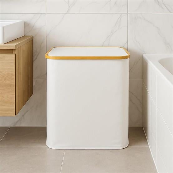 Vichy Doğal Bambu Çerçerveli Katlanabilir Kirli Sepeti – Kapaklı Krem Kumaş Çamaşır Sepeti Bej