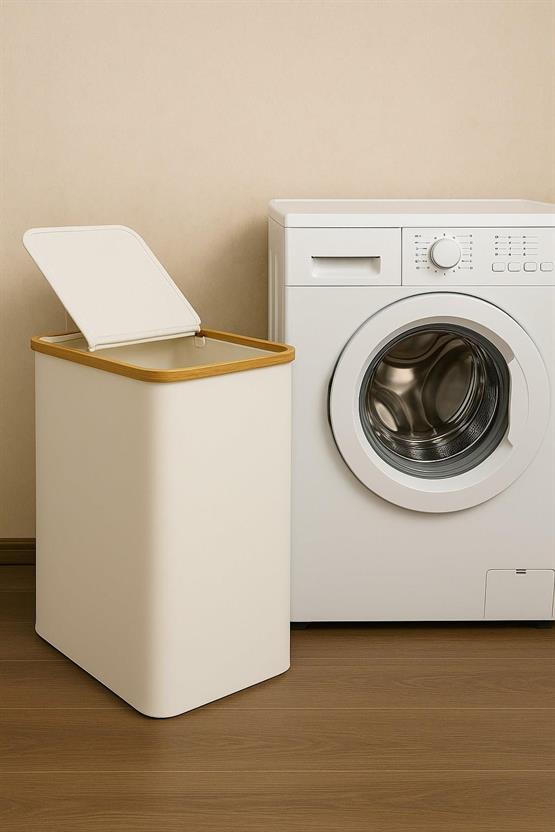 Vichy Doğal Bambu Çerçerveli Katlanabilir Kirli Sepeti – Kapaklı Krem Kumaş Çamaşır Sepeti Bej