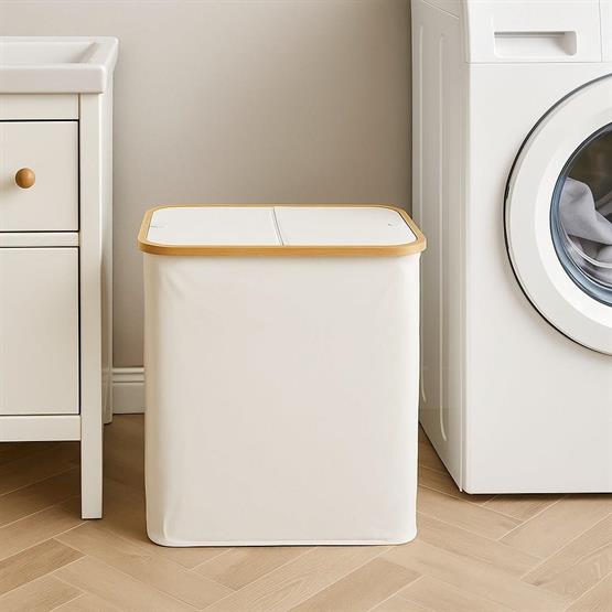 Vichy Doğal Bambu Çerçerveli Katlanabilir Kirli Sepeti – Kapaklı Krem Kumaş Çamaşır Sepeti Bej