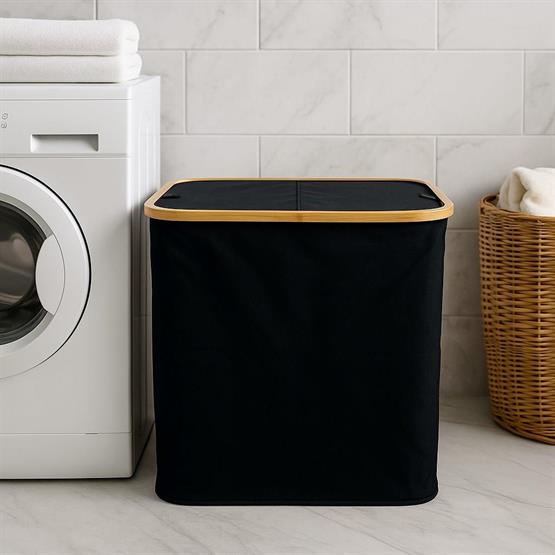 Vichy Doğal Bambu Katlanabilir Kirli Sepeti Kapaklı Ve Kumaş Gövdeli Çamaşır Sepeti (Siyah) BR-6706