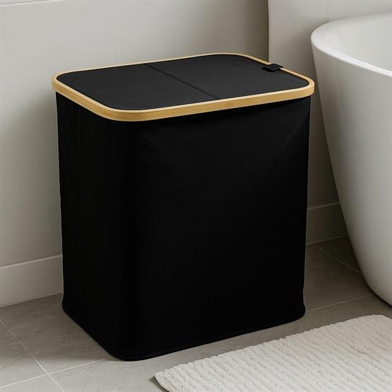 Vichy Doğal Bambu Katlanabilir Kirli Sepeti Kapaklı Ve Kumaş Gövdeli Çamaşır Sepeti (Siyah) BR-6706