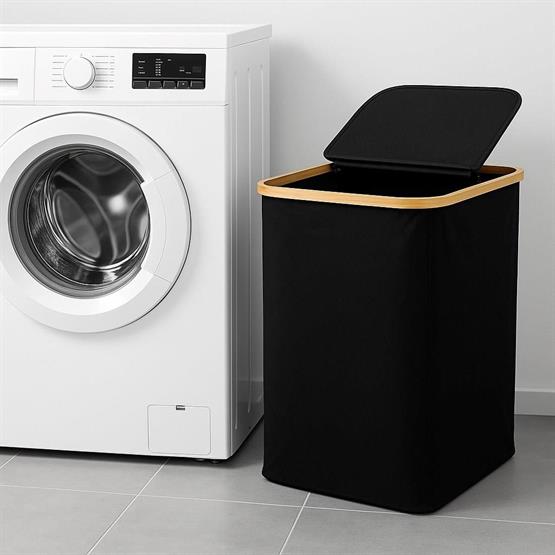 Vichy Doğal Bambu Katlanabilir Kirli Sepeti Kapaklı Ve Kumaş Gövdeli Çamaşır Sepeti (Siyah) BR-6706