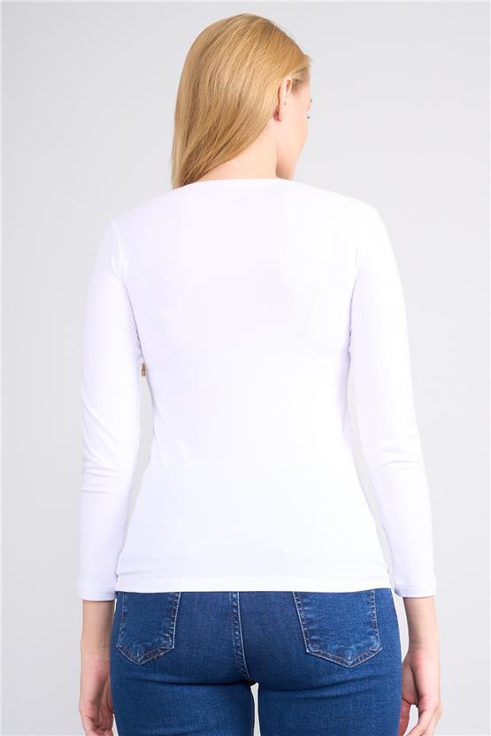 Aksoy K26 151 Beyaz Kadın V Yaka Uzun Kol Sweat